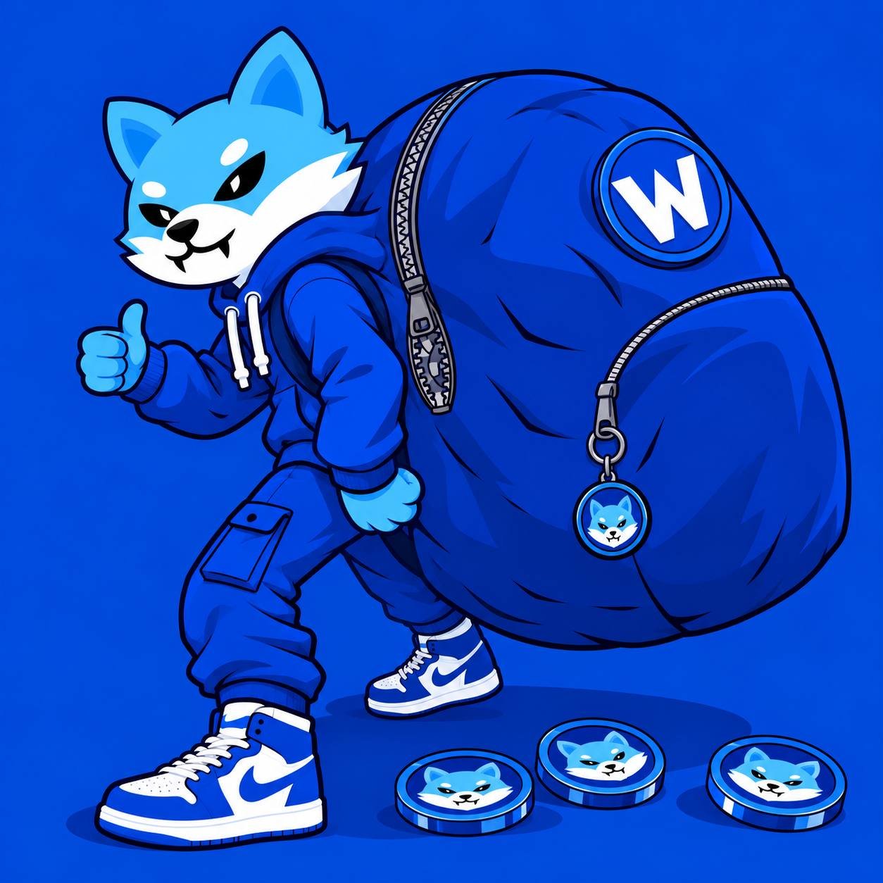 WOOF wolf with a bag full of WOOF coins